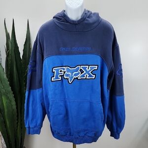 Vintage Men Y2K 90s Skater Grunge Fox Racing Pullover Hoodie Blue Colorblock XXL